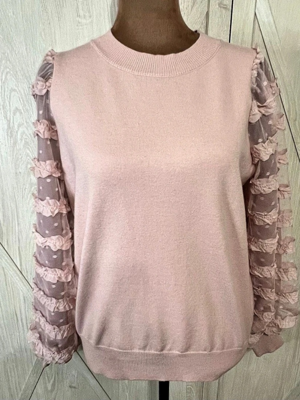 NWT Fate Pastel Pink Sheer Dotted Ruffle Sleeve Knit Sweater Small